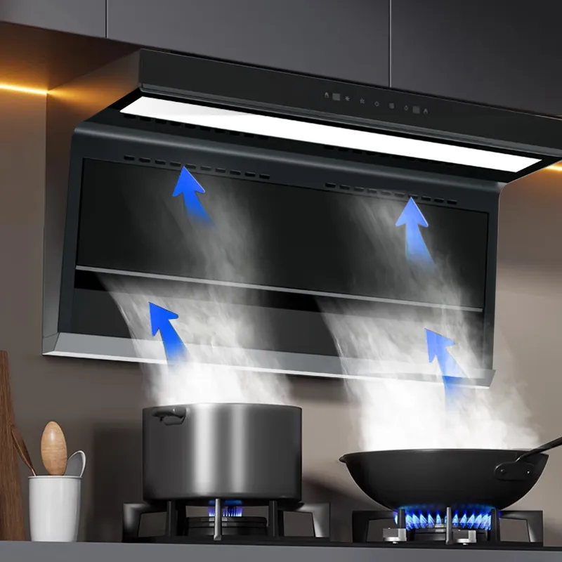 Smart Wall Mounted Kitchen Range Hood With Black Tempered Glass