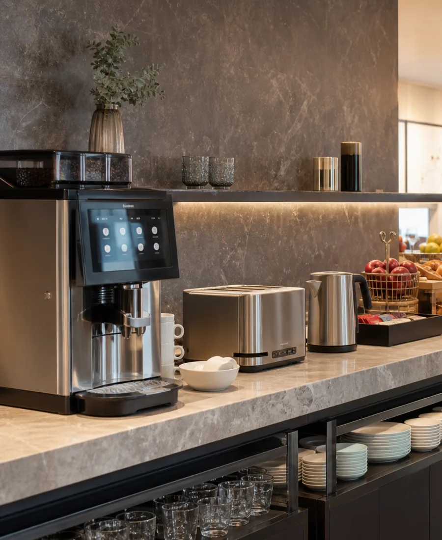 Coffee and breakfast appliances used in a hospitality setting