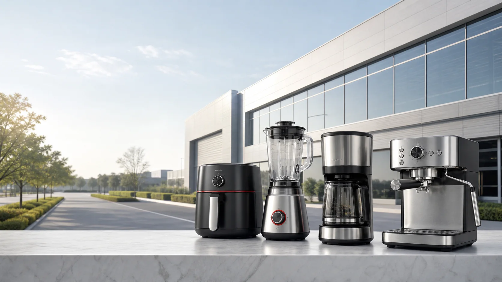 Kitchen appliances in front of a modern manufacturing facility