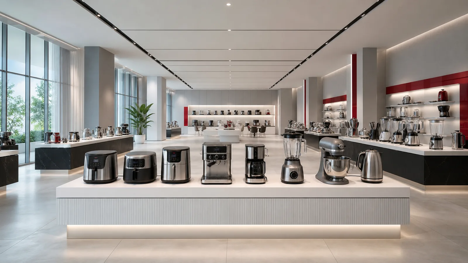 Premium kitchen appliance showroom inside a manufacturing headquarters