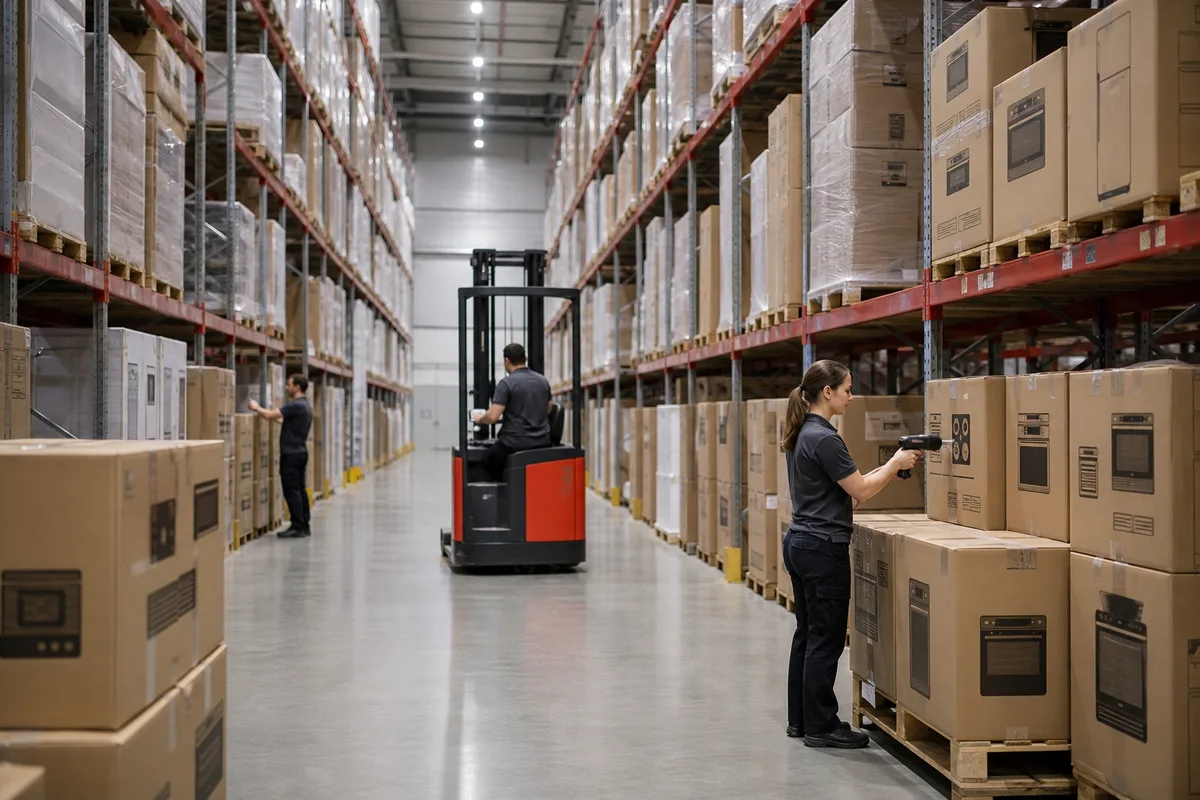 Organized kitchen appliance warehouse and logistics operation