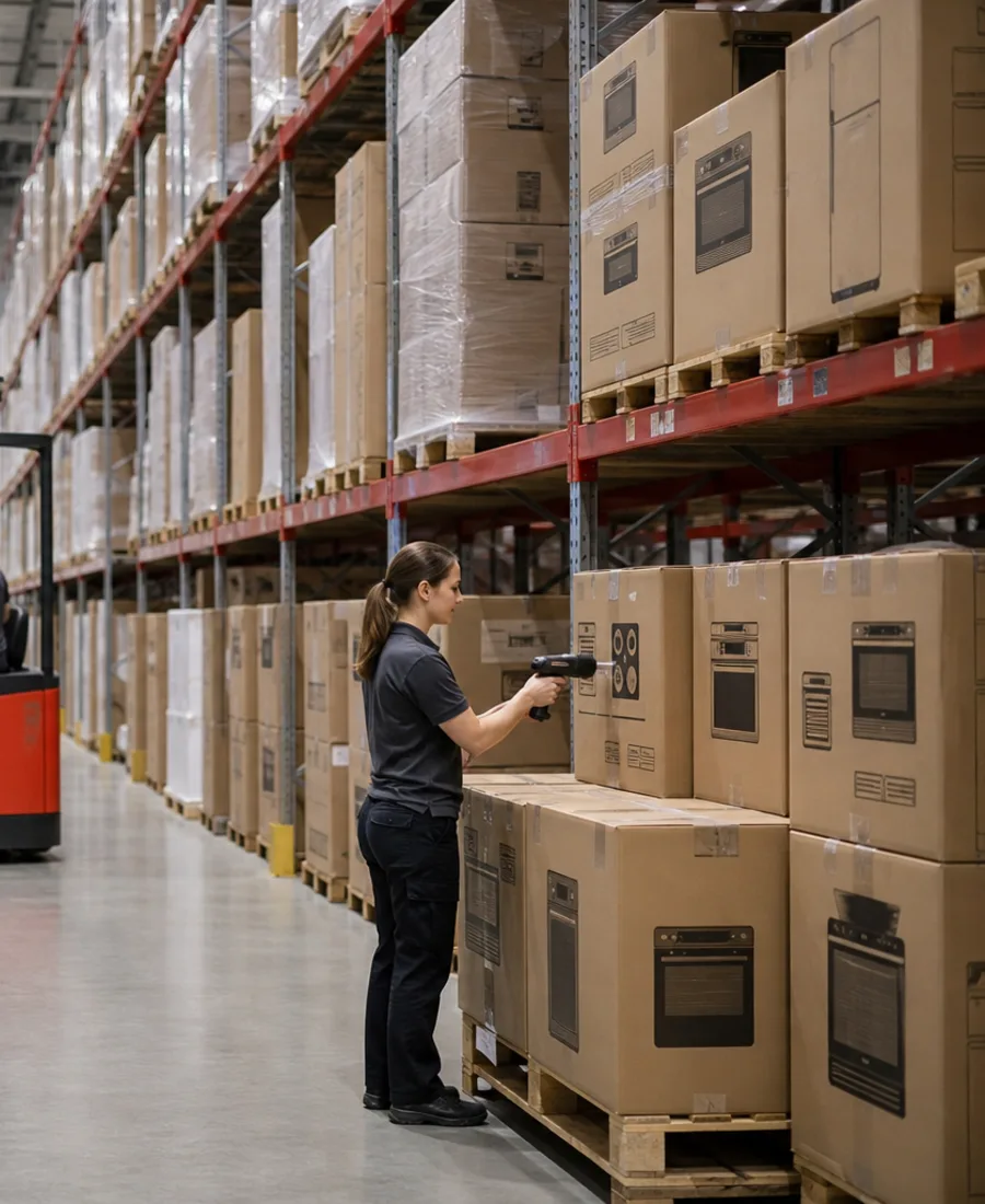 Logistics worker scanning appliance shipments